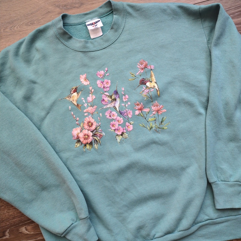 Vtg 90s Hummingbird Floral Sweatshirt Teal Green Grandma Cottagecore Jerzees L